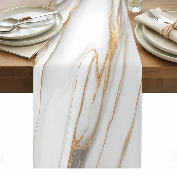 White Golden Marble Table Runner - 90 Inch Long, Kitchen Dining Table Runner Dresser Scarves, Modern Abstract Art Marble Farmhouse Decor for Coffee Tables Wedding Party Banquet