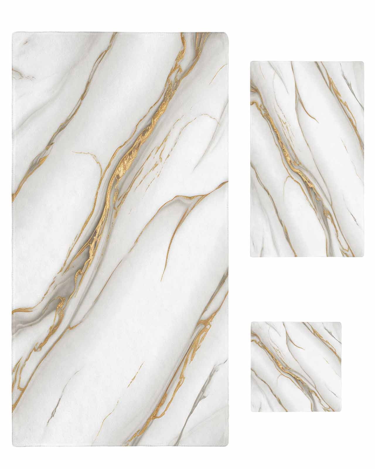 White Golden Marble Towel Set of 3, Soft Microfiber Bath Towels, Hand Towel, Washcloths, Modern Abstract Art Marble Crack Quick-Dry Absorbent Towels for Bathroom Kitchen Hotel Beach Gym Spa