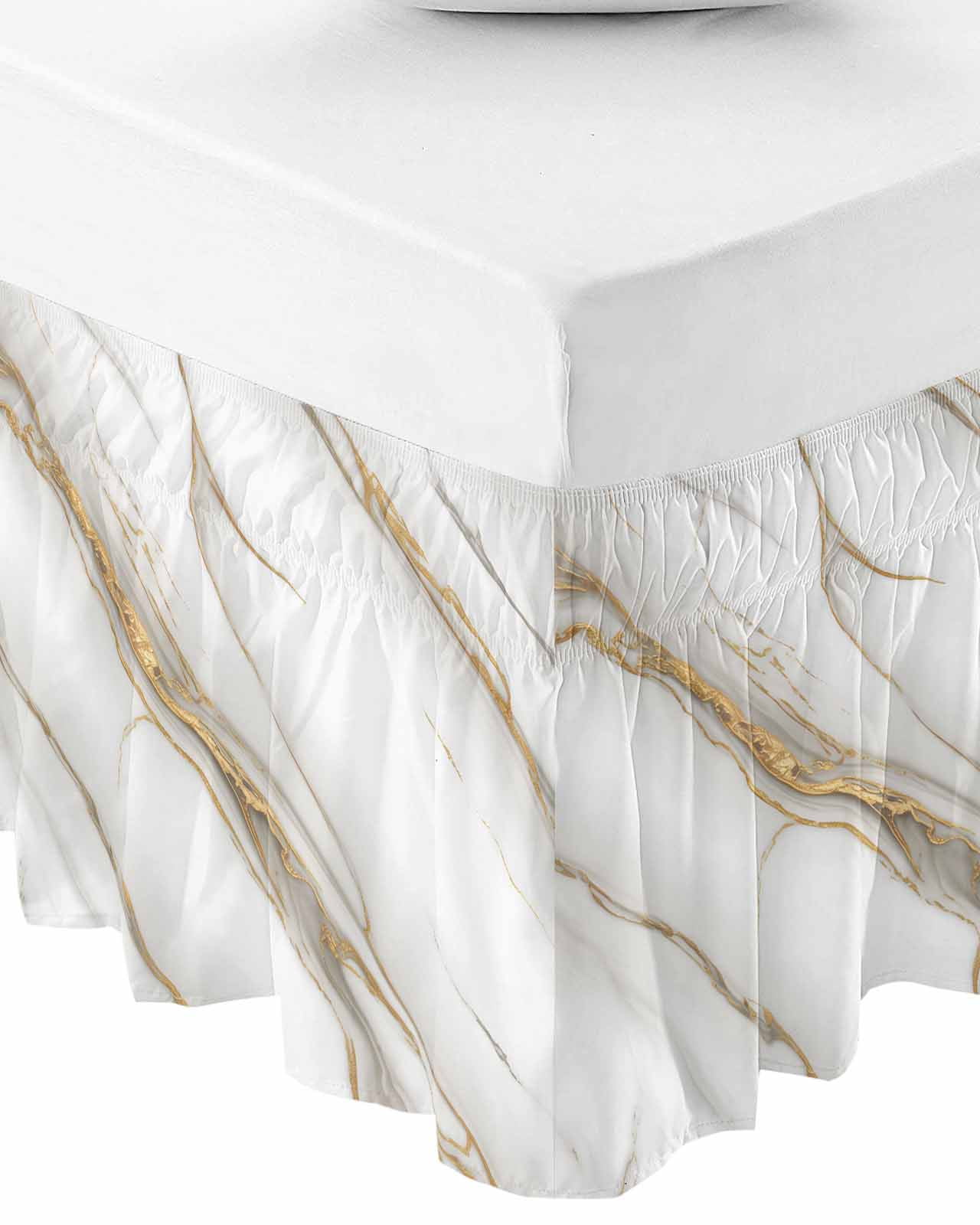 White Golden Marble Wrap Around Bed Skirts for Queen Bed 16" Drop,Bed Skirt with Adjustable Elastic Belt Dust Ruffle Bed Valance for Bedroom Hotel Modern Abstract Art Marble Crack Bed Frame Cover
