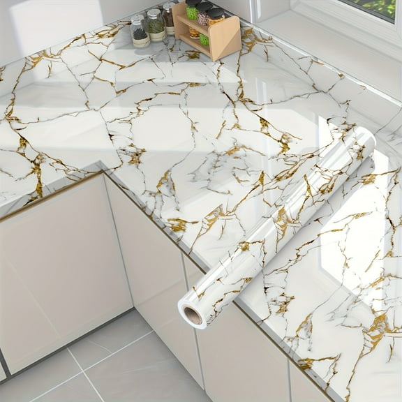 White Golden Textured Marble Wallpaper - 23.6"x196.8" Peel and Stick Contact Paper, Waterproof Self-Adhesive for Cabinets Kitchen Countertops Walls