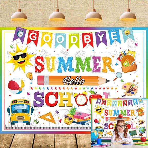 White Goodbye Summer Back to School Backdrop Chalk Drawing and Blackboard First Day of School Background Welcome Back Classroom Party Decorations Banner Photo Booth Props