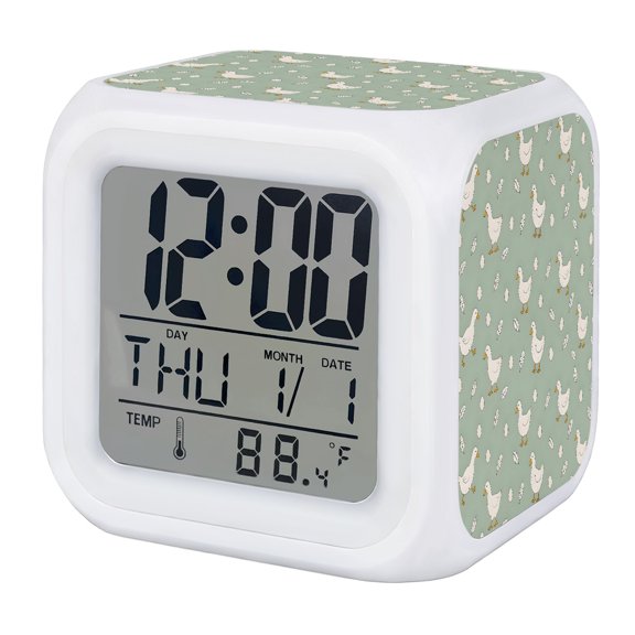 White Goose Alarm Clock, Green Playful Small Eggs Feathers Modern Digital Clock Night Light with 7 Color, Calendar Temperature Display, LED Desk Small Clock for Bedrooms Bedside Living Room