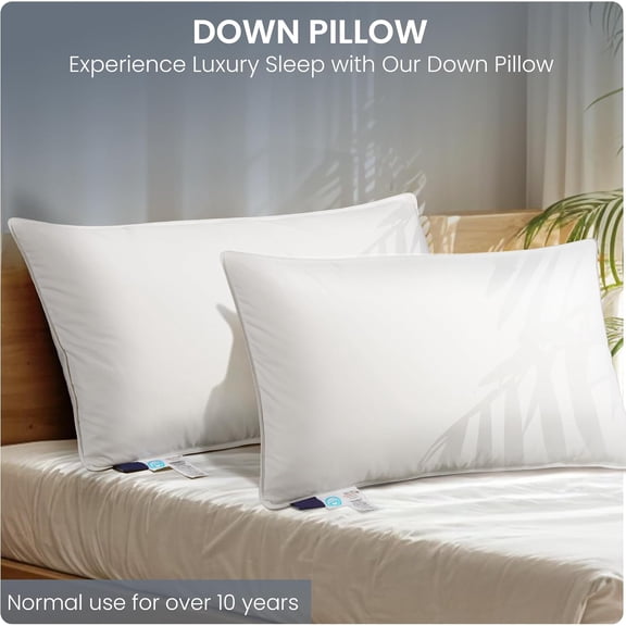 White Goose Down Pillow Feather and Down Hotel Bed Pillow with Cotton Shell for Side Back Sleepers Soft Neck Support All Season