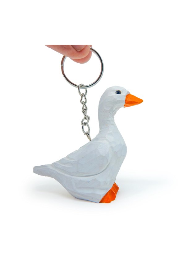 White Goose Keychain Bird Ring Hook Clip Charm Miniature Wood Mini Figurine Small Animal