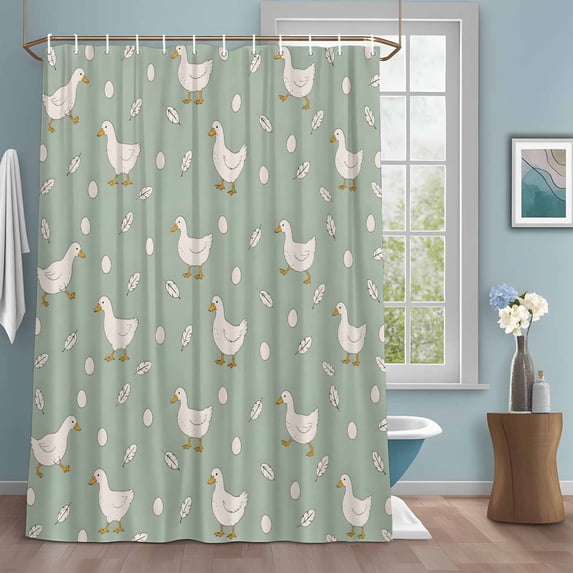 White Goose Shower Curtain with Hooks, Green Playful Animal Small Eggs Feathers Modern Water Repellent Shower Curtains for Bathroom Decor Sturdy Shower Curtain, Machine Washable 36x78 Inch