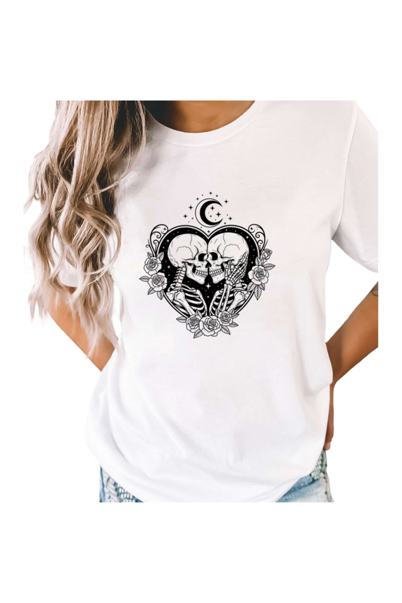 White Gothic Academia Skeleton Lovers Print T-Shirt Graphic Tees Shirts Dark Romance Gift S-5XL Mystical Tops
