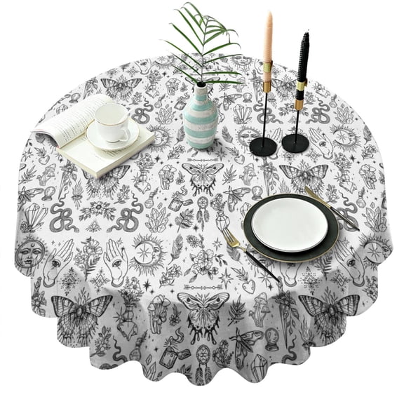 White Gothic Hand Butterfly Pattern Round Tablecloth 60"x60",Wrinkle Wipeable Table Cloth for Kitchen Dining Room Picnic Patio Party
