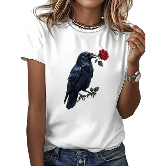White Gothic Raven Holding Red Rose Dark Romantic Floral Print Tshirt Graphic Tees Shirts Tops S-5XL
