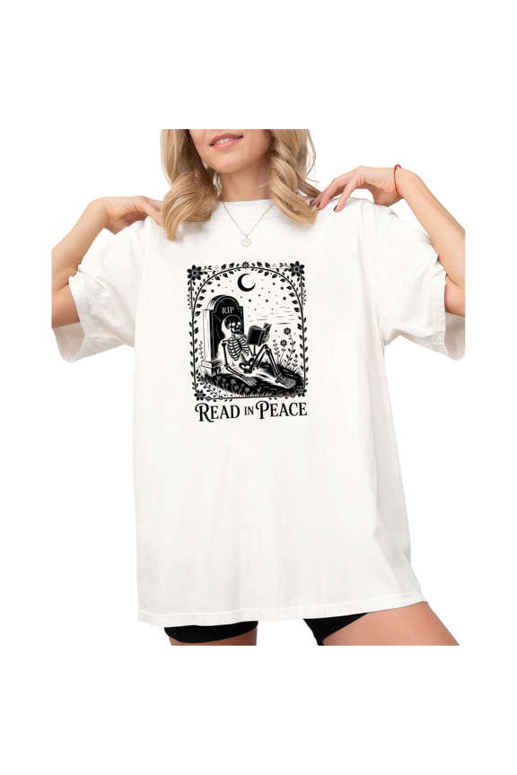 White Gothic Skeleton Tomb Moon Read In Peace Print T-Shirt Graphic Tees Shirts Casual S-5XL Tops