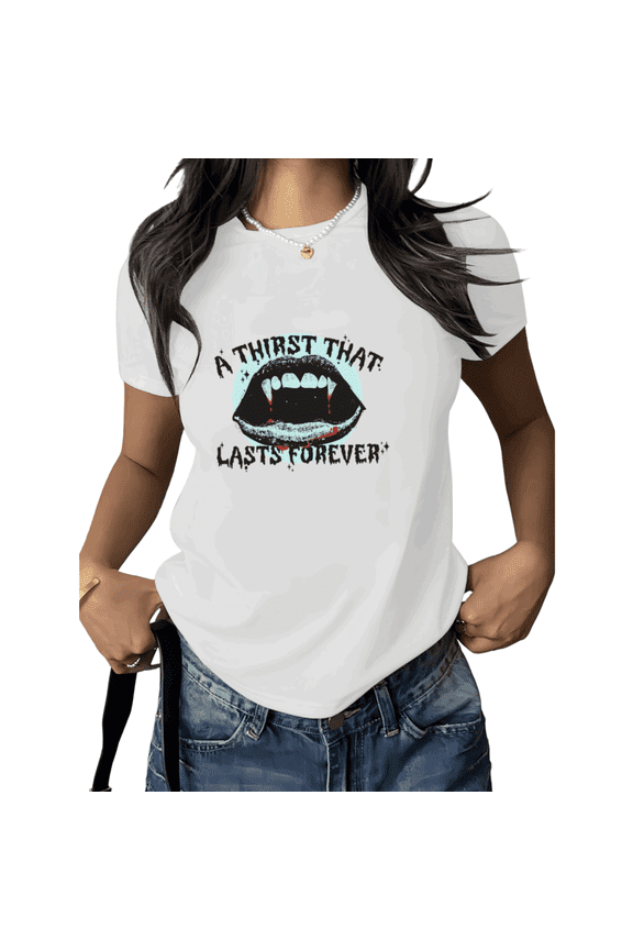 White Gothic Vampire Lips Fangs Print Graphic Tees Dark Romance Aesthetic Mouth Graphic Women Casual Summer Size S-5XL Funny Tops