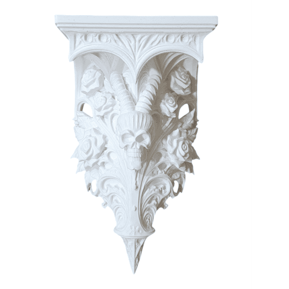 White Gothic Wall Sconce Corbel Shelf - Horned Skull and Roses Floating Display Ledge - Spooky Aesthetic - Home Decor - 8inx4.75in - 1ct