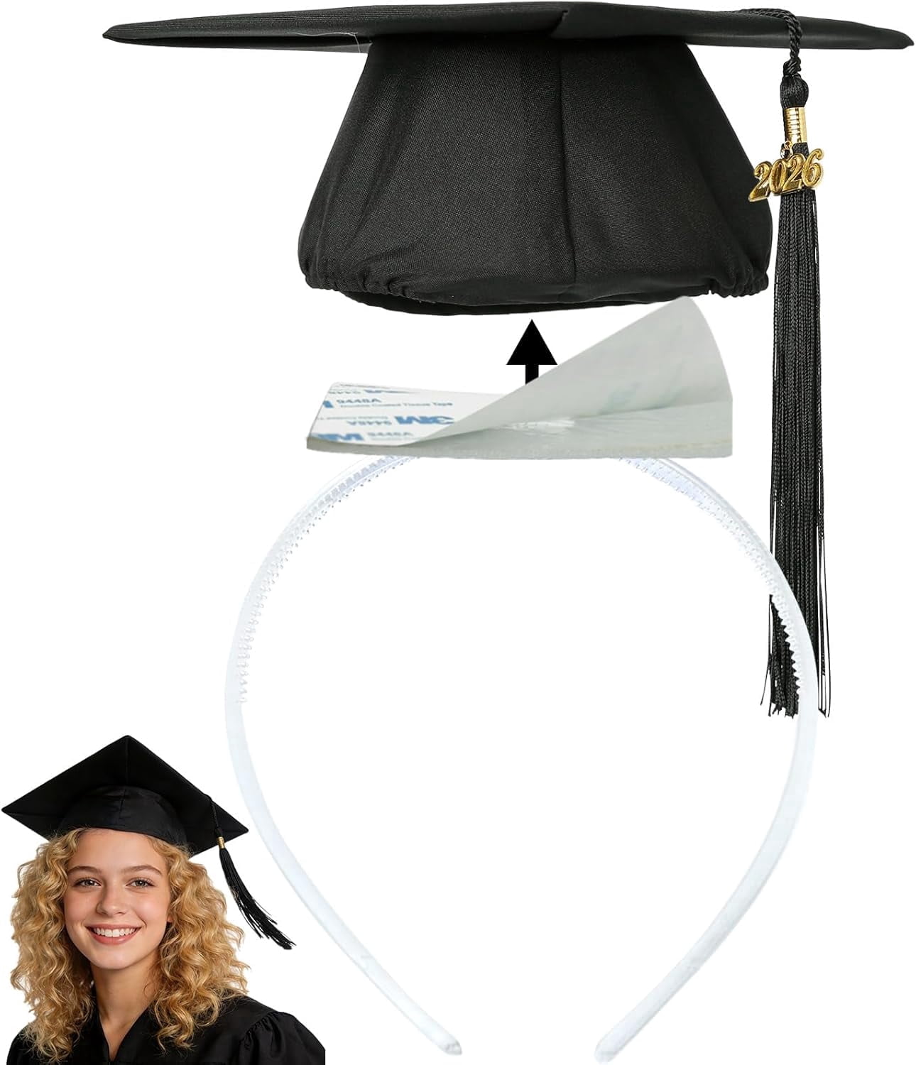White Graduation Cap Headband Insert, Anti-Slip Graduation Hat Holder for Curly Hair, Secure Fit Hairband Accessory, Keeps Hairstyle Natural and Stable