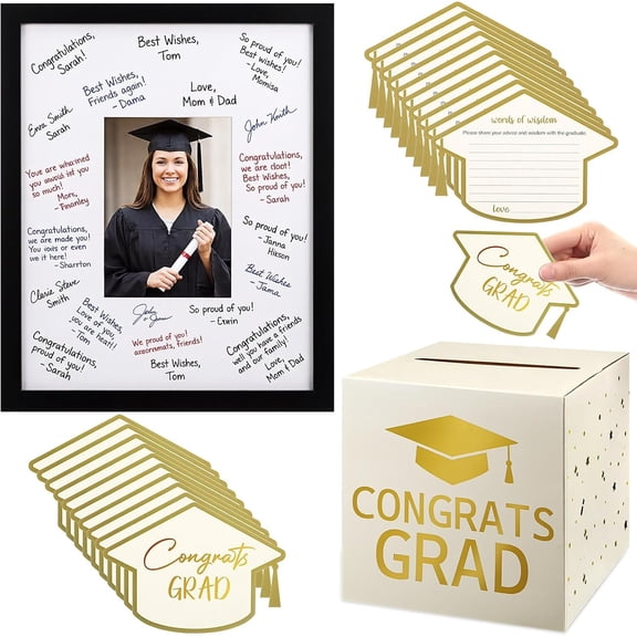 White and Graduation Decorations 2026 Guest Book Alternative Graduation Card Box Advice Cards 11x14in Signature Board Picture Frame for Class of 2026 Congrats Grad Party Decor Supplies