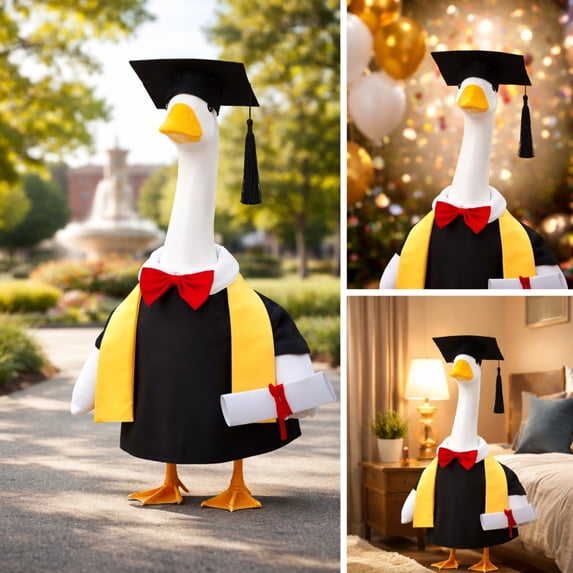 White Graduation Porch Goose Outfit with Pearl Tassel and Keepsake Urn, Black