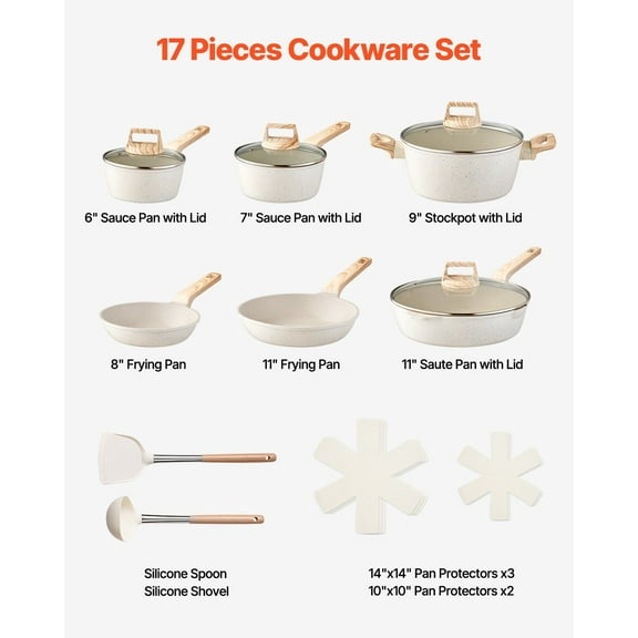 White Granite Nonstick 17 Piece Pots and Pans Set Induction Kitchen Cookware