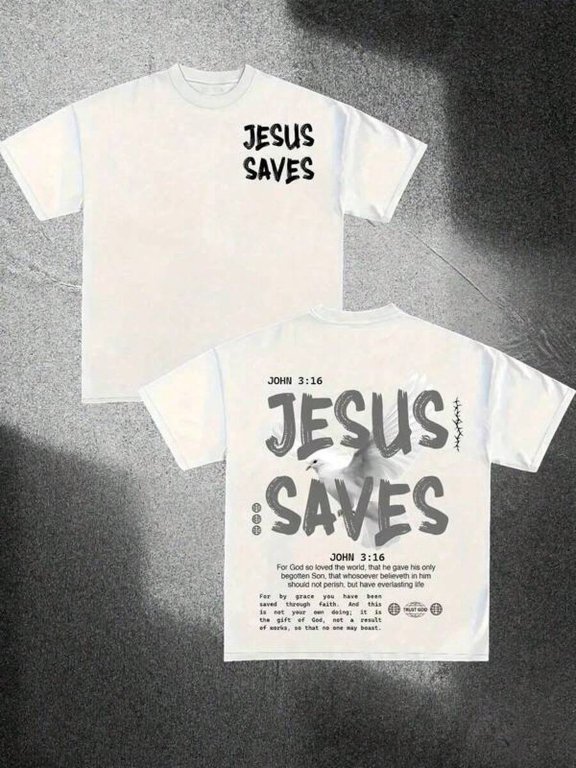 White Graphic Cotton T-Shirt Jesus Saves Print Crew Neck Oversized Short Sleeve Unisex Tee