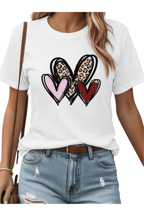 White Graphic Tees Mixed Pattern Heart Print Tshirt Leopard Plaid Shirts S-5XL Trendy Tops