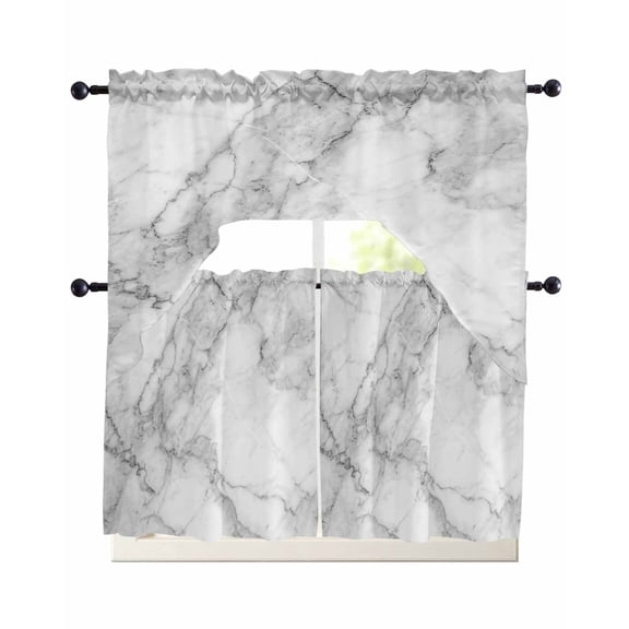 White Gray 3 Piece Swag Kitchen Curtains Set Valance and Tier Curtains 24 Inches Long, 56" x 36" Window Topper Abstract Art Marble Texture Modern Simple for Cafe Bathroom Bedroom