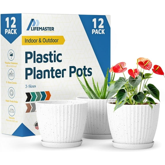 White Gray 6-Inch Plant Pots with Drainage & Saucers 12 Pack, Indoor & Outdoor Planters for Houseplants, Herbs, and Flowers, Durable & Weatherproof Material, Stackable, Lightweight, Minimalist Design