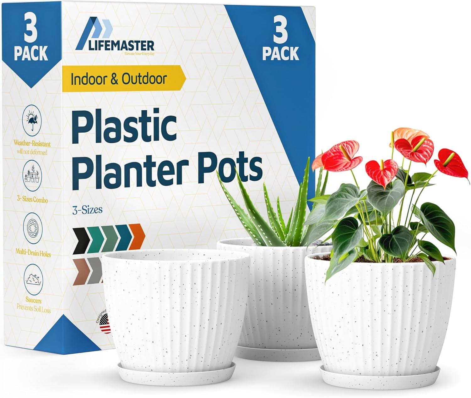 White Gray 6-Inch Plant Pots with Drainage & Saucers 3 Pack, Indoor & Outdoor Planters for Houseplants, Herbs, and Flowers, Durable & Weatherproof Material, Stackable, Lightweight, Minimalist Design
