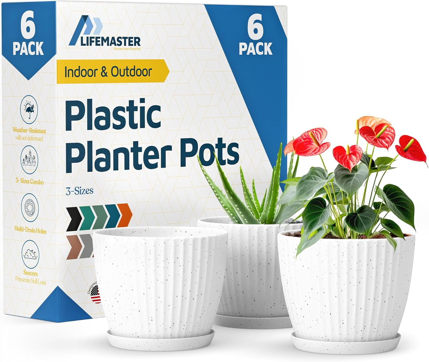 White Gray 6-Inch Plant Pots with Drainage & Saucers 6 Pack, Indoor & Outdoor Planters for Houseplants, Herbs, and Flowers, Durable & Weatherproof Material, Stackable, Lightweight, Minimalist Design
