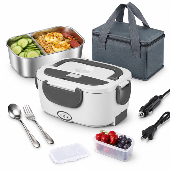 White+Gray 80W Fast Heating 1.5L 304 Stainless Steel Electric Heated Lunch Box
