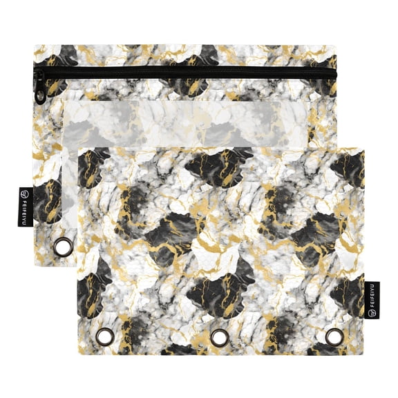 White Gray Black Gold Marble 2 Pack Pencil Pouch for 3 Ring Binder Smooth Zipper Folders with Pockets Clear Window Pencil Case