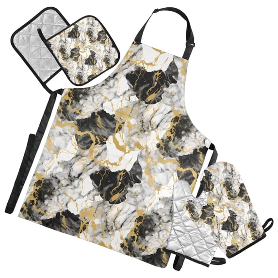 White Gray Black Gold Marble 5 Pcs Kitchen Set Heat Resistant Oven Mitts and Non-Slip Pot Holders with Adjustable Cooking Apron