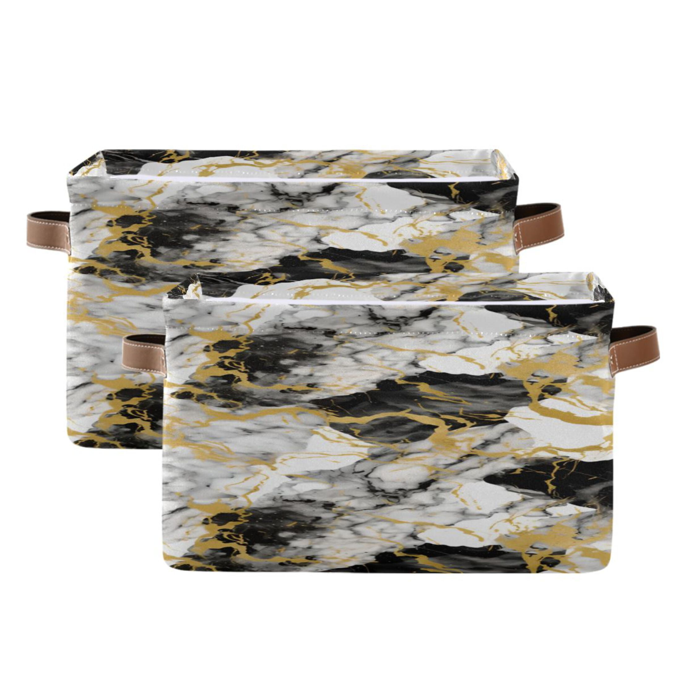 White Gray Black Gold Marble Storage Bins with Handle Fabric Organizer Basket Foldable Box 2 Pack 14.2x10.2x8.3