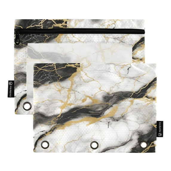 White Gray Black Marble 2 Pack Pencil Pouch for 3 Ring Binder Smooth Zipper Folders with Pockets Clear Window Pencil Case