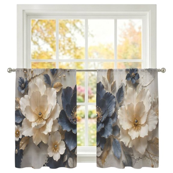 White Gray Floral Sheer Curtains 45 Inches Long 2 Panels, 3D Dark Gray Flower Blossoms Tiny Gold Berry Semi Sheer Rod Pocket Window Curtains Light Filtering Drapes for Living Room Bedroom