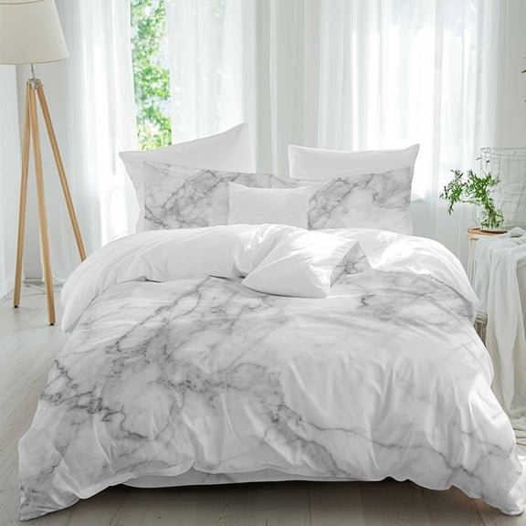 White Gray Full Size Comforter Set, Abstract Art Marble Texture Modern Simple Bedding for All Seasons, 4 Pcs Bed Set, 1Quiltcover (86"x86") ,1Sheet(80"x116"), 2Pillowcases (30"x20")