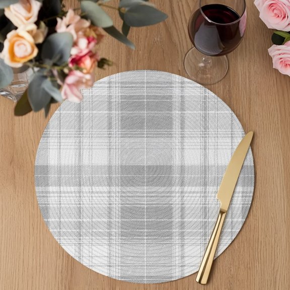 White Gray Gingham Round Braided Placemats Set of 2, Minimalist Modern Checkered Gradient Geometrical Heat Insulation Place Mats Washable Non-Slip Table Mats for Kitchen Dining Party, 13 Inches