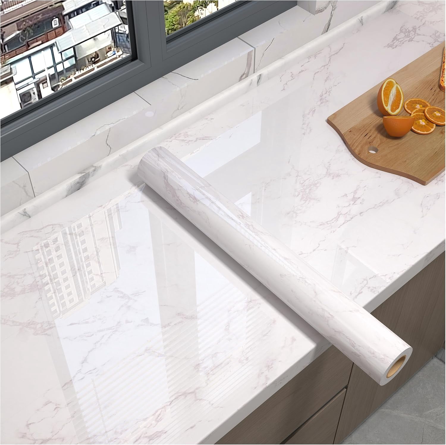 White/Gray Glossy Marble Contact Paper Wallpaper 15.8"x197" Peel and Stick Wallpaper Self Adhesive Thick Removable Waterproof DIY Vinyl Film for Kitchen Countertops Cabinet Furniture Refurbishment