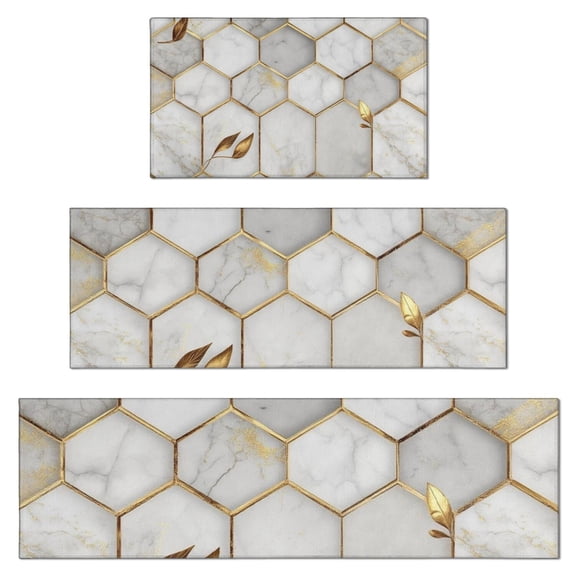 White Gray Gold Leaf Marble Pattern Kitchen Rugs Sets Of 3,Kitchen Runner Rugs Non Skid Washable,Decorative Kitchen Floor Mats for Kitchen,Sink,Laundry,17"x30"+ 17"x47" + 17"x59"