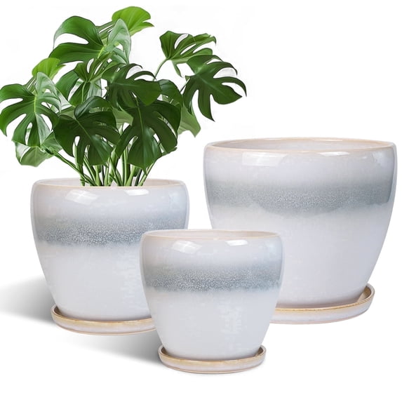 Ordivic Set of 3 (6/8/10 Inch) Black and White Ceramic Planter with Saucer & Drainage Hole,Modern Plant Pots for Indoor Succulents Herbs