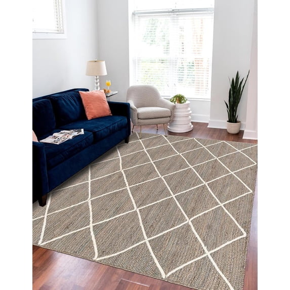 White with Gray Indian Handmade Braided Daimond Design Area Rug 2 x 2 Feet Square (61 cm x 61 cm), For Living Room, Bedroom, Dining Room, Hallways & Entryways