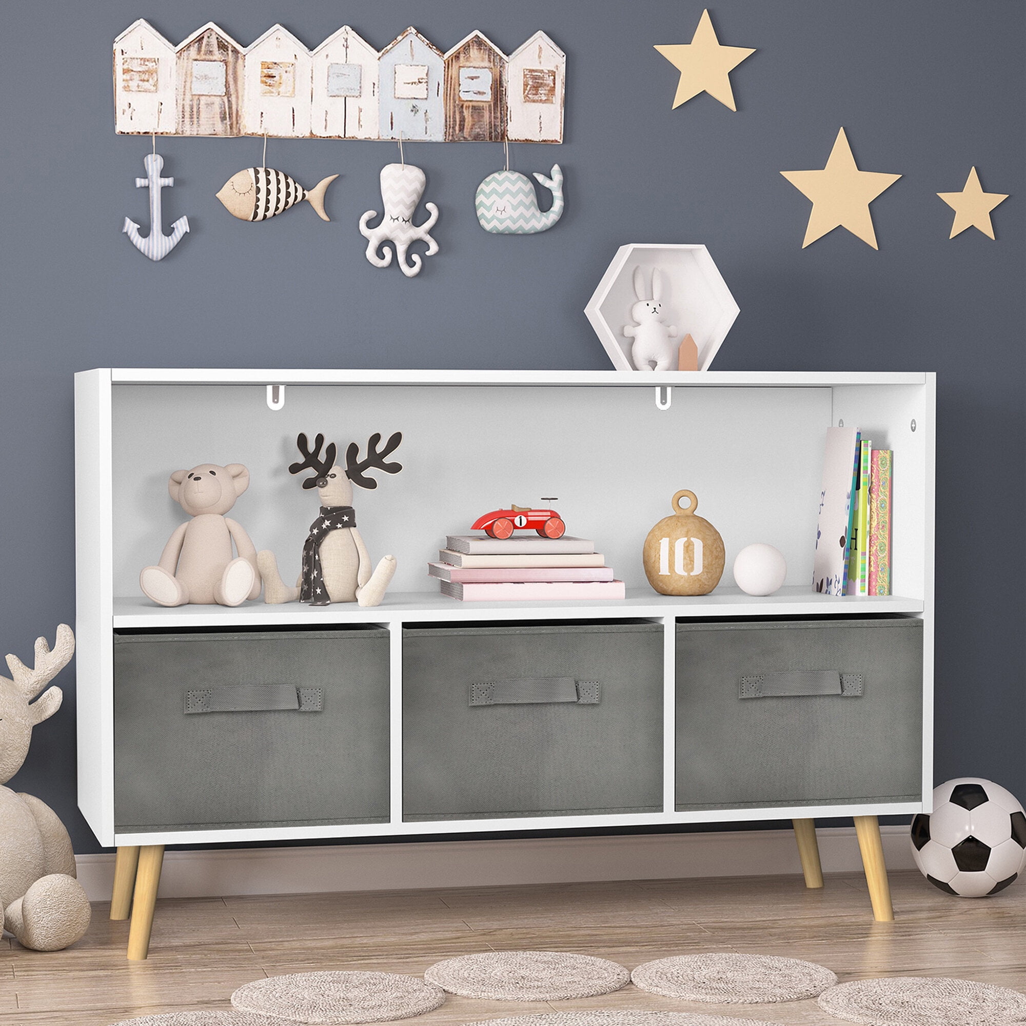 White & Gray Kids Bookcase with Fabric Drawers, MDF Storage Organizer for Toys & Books, 35.4"x11"x23.6", Wall-Safe Design, Easy Assembly