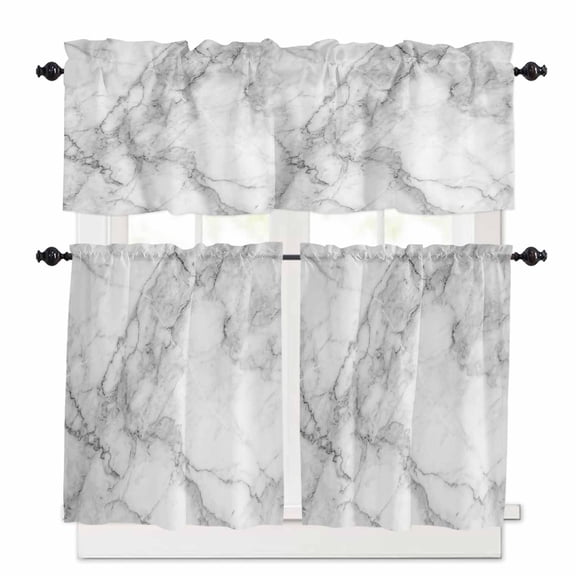 White Gray Kitchen Curtains Valance and Tier Set Abstract Art Marble Texture Modern Simple Rod Pocket Short Curtains for Small Window 3 Pieces Set for Bedroom Bathroom Cafe (54" x 18"+27" x 24")