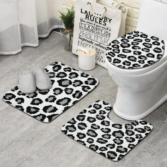 White and Gray Of Leopard Print Bathroom Rugs Sets 3 Piece,Toilet Cover Set,Absorbent Non Slip Bathroom Mats Sets with U-Shaped Contour Rug Toilet Rug Set