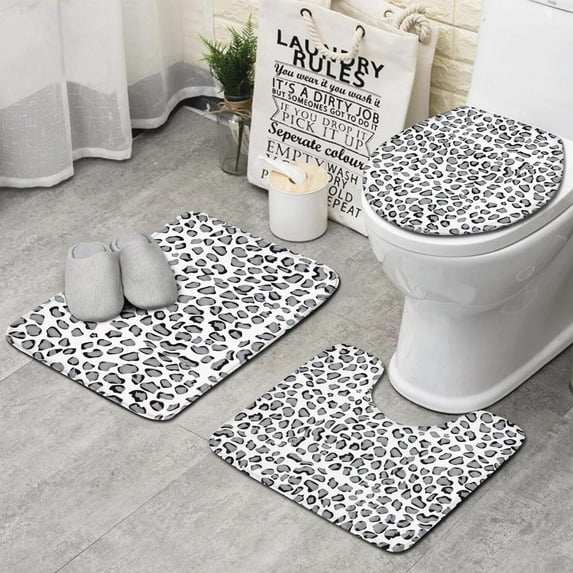 White and Gray Of Leopard Print Bathroom Rugs Sets 3 Piece,Toilet Cover Set,Absorbent Non Slip Bathroom Mats Sets with U-Shaped Contour Rug Toilet Rug Set