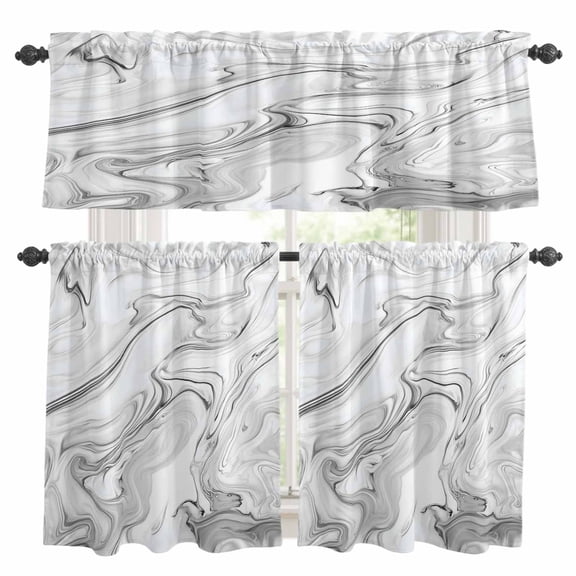 White Gray Marble Kitchen Curtains Sets for Windows 36 Inch Length, Modern Minimalist Abstract Texture Rod Pocket Window Treatments Tier Curtains and Valances Set for Bedroom/Bathroom