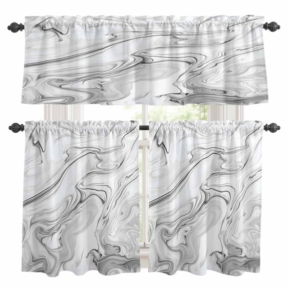 White Gray Marble Kitchen Curtains Sets for Windows 36 Inch Length, Modern Minimalist Abstract Texture Rod Pocket Window Treatments Tier Curtains and Valances Set for Bedroom/Bathroom