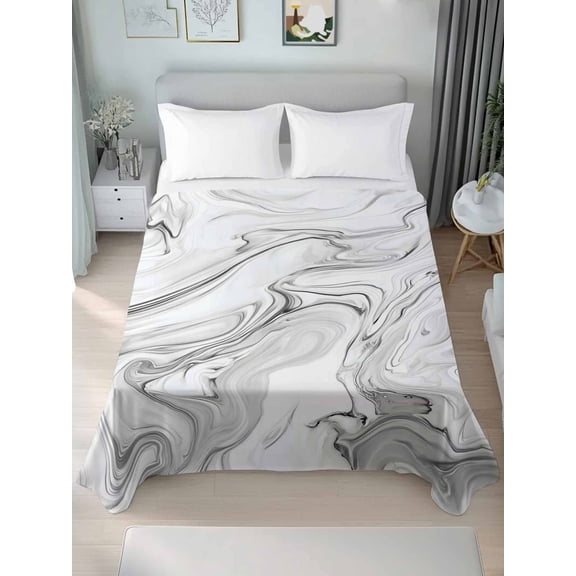 White Gray Marble Queen Size Flat Sheet, Wrinkleproof & Fadeproof Cooling Flat Bed Sheet Only, Modern Minimalist Abstract Texture Breathable Soft Bedding Top Sheets 90 x 102 Inches