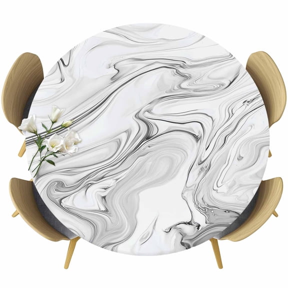 White Gray Marble Round Tablecloth, Fitted Table Cover with Elastic for 36"-44" Round Tables, Modern Minimalist Abstract Texture Table Cloth Outdoor Indoor Dinning Party Waterproof Tablecloths