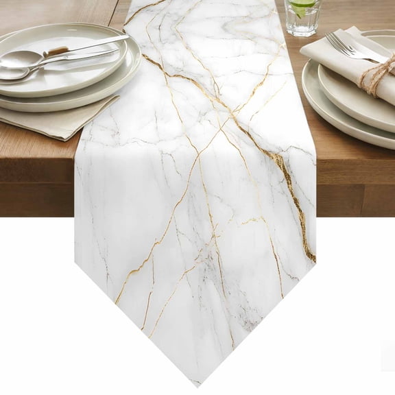 White Gray Marble Table Runner 90 Inches Long Gold Lines Abstract Modern Table Runners for Dining Room Tabletop Dresser Scarf Home Party Banquet Wedding Holiday Decoration