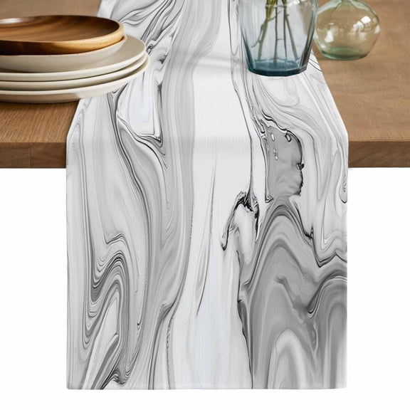 White Gray Marble Table Runner, Modern Minimalist Abstract Texture Washable Cotton Linen Table Runners 36 Inches Long, Dresser Scarf Runner for Nightstand/End Tables/Round Tables 13''x36''