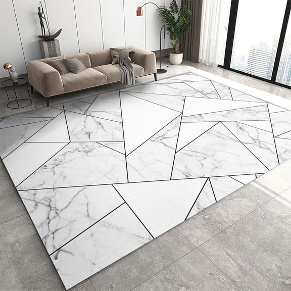 White Gray Marble Texture Area Rug, Geometric Irregular Line Art Rugs, with Anti-Slip Backing Washable Indoor Carpet for Living Room Bedroom Study Dining Room-3x4ft