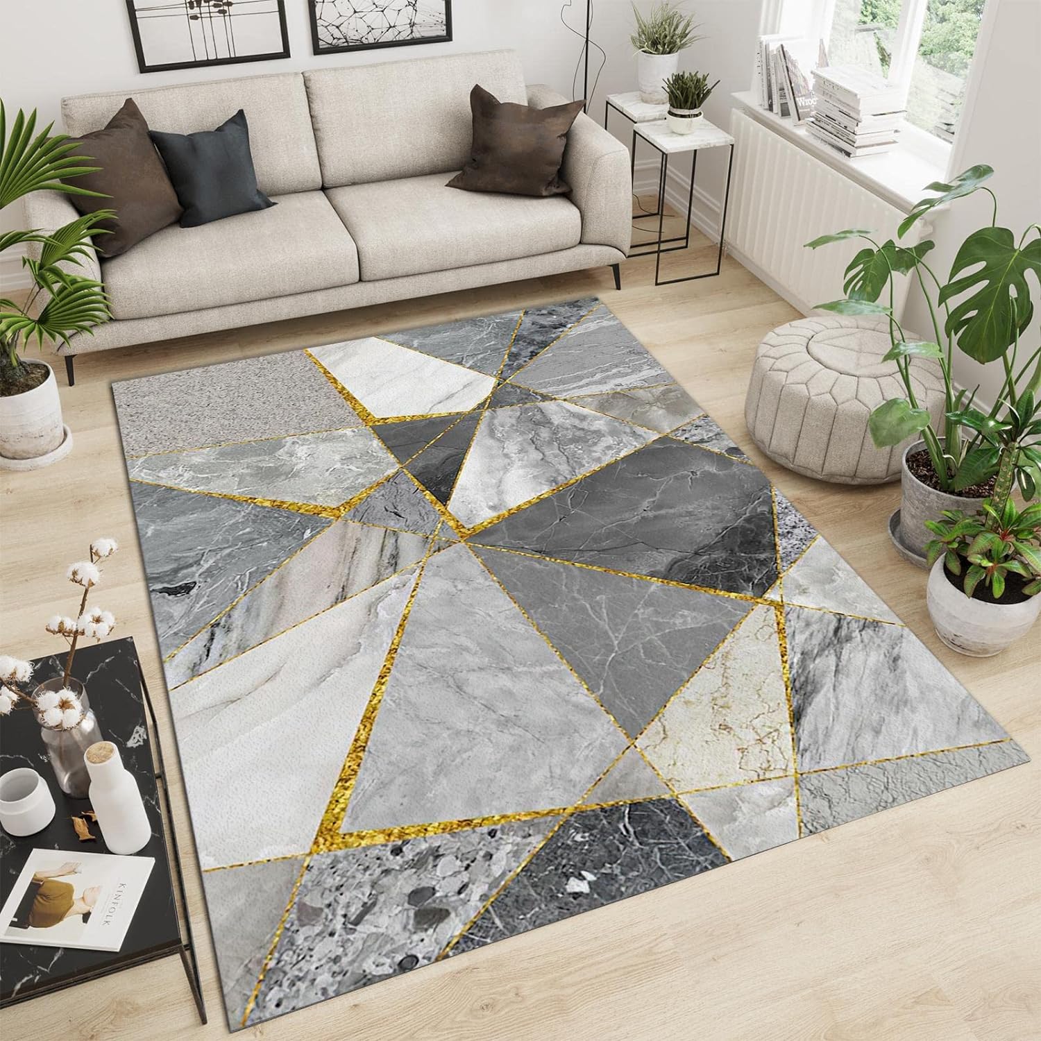 White Gray Marble Texture Kids Rugs, Geometric Grid Non Slip Noise