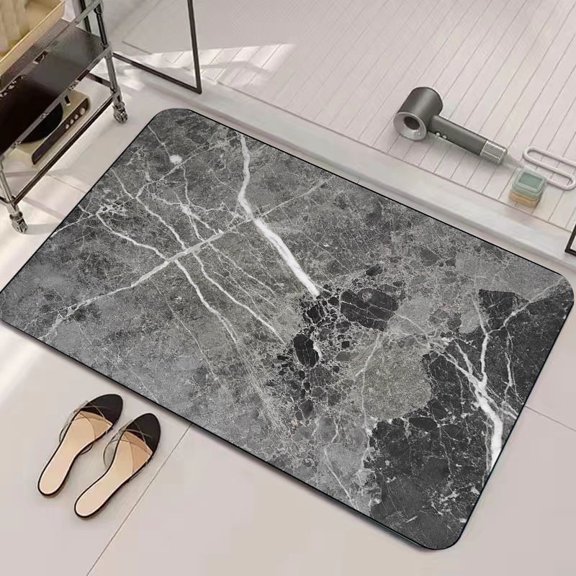White‑Gray Marble‑Veined Printed Quick‑Drying Bath Mat, Non‑Slip Waterproof Soft Floor Rug for Bathroom Entrance Household Use-rock slab texture cloud ash15.6"W x 23.4"L